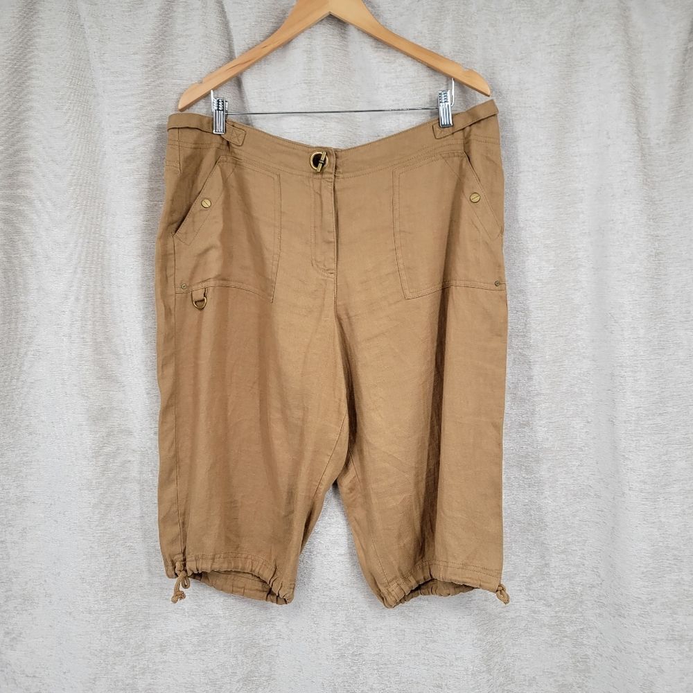Jones New York Tan Linen Togle Closure Capri / Bremuda Women's Plus Size 16